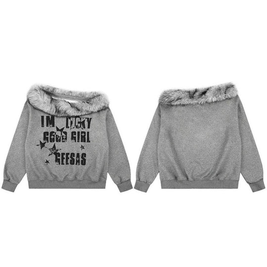 Damen Off-Shoulder Oversize-Sweatshirt mit kuscheligem Faux-Fur-Kragen und distressed Stern-Print Shop Nory
