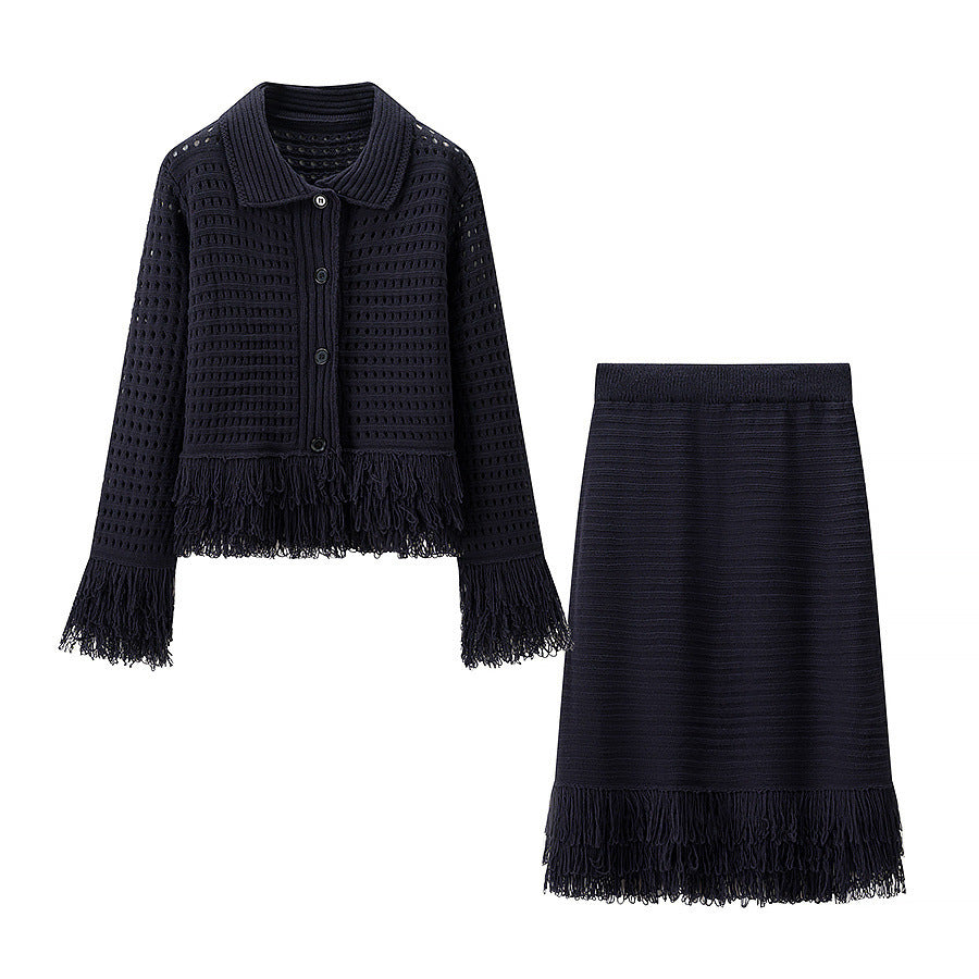 Damen Taillierte Strickjacke mit Fransenbesatz und Hemdkragen Shop Nory