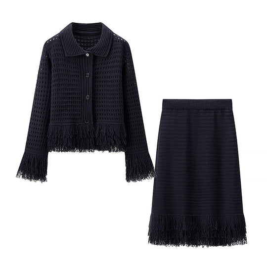 Damen Taillierte Strickjacke mit Fransenbesatz und Hemdkragen Shop Nory