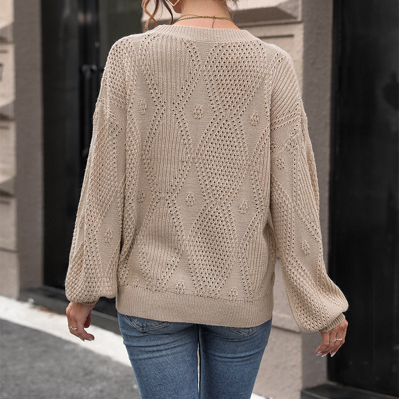 Damen Strukturierter Ajour-Strickpullover mit Rauten‑Muster und Ballonärmeln Shop Nory