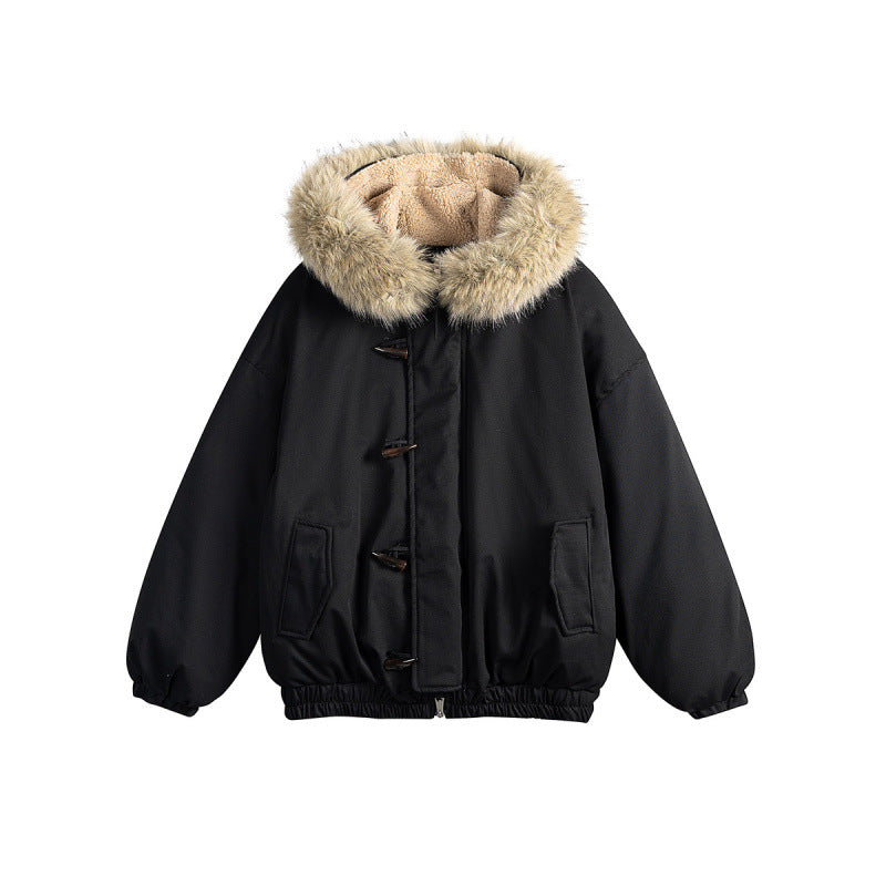 Unisex Gepolsterte Kapuzenjacke im Boxy‑Cut mit Teddyinnenfutter, Kunstfellkragen und Knebelverschlüssen Shop Nory