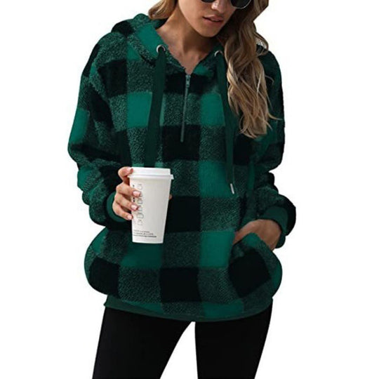 Damen Oversized Sherpa-Hoodie im Karomuster mit halbem Reißverschluss und Kängurutasche Shop Nory