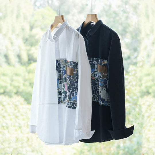 Herren Baumwollhemd mit großem Kunst-Print-Brustpatch und Kentkragen Shop Nory