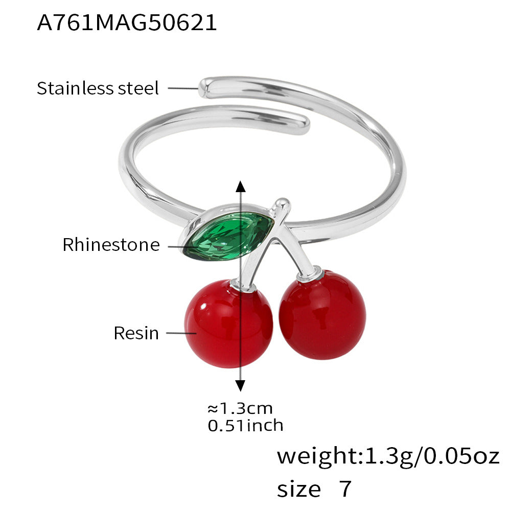 Damen Offener Ring mit Kirschmotiv aus hochwertigem Edelstahl und funkelnden Strasssteinen Shop Nory