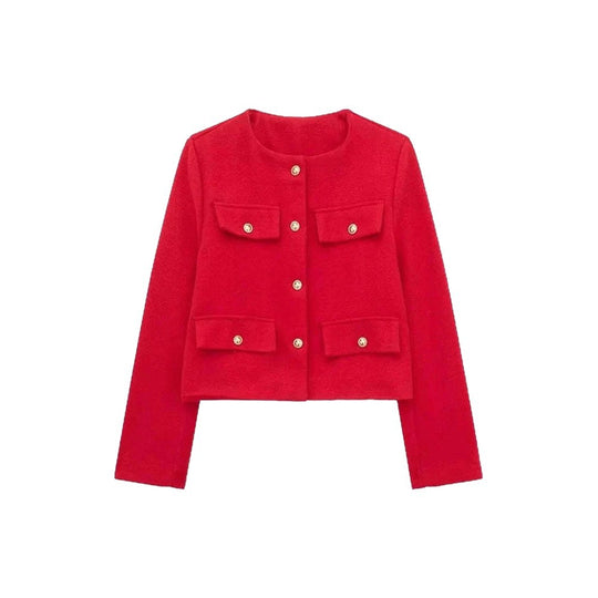 Damen Kurzjacke im Bouclé-Style mit Rundhalsausschnitt, Zierknöpfen und aufgesetzten Pattentaschen Shop Nory
