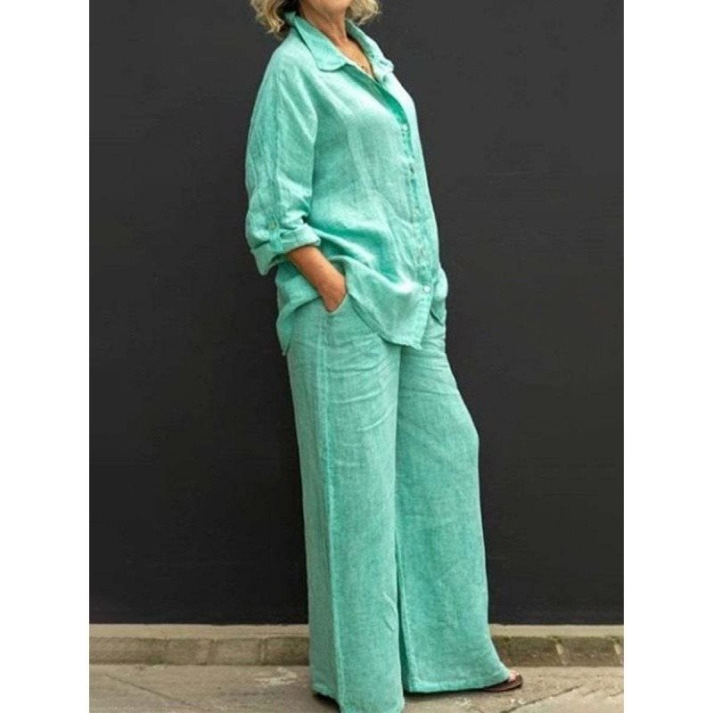 Damen Leichtes Leinen-Loungewear-Set mit Oversized-Hemd und weiter Palazzo-Hose Shop Nory