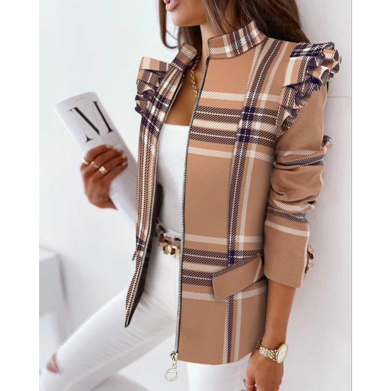 Damen Leoprint-Statement-Jacke mit Rüschen-Schulter und Reißverschluss Shop Nory