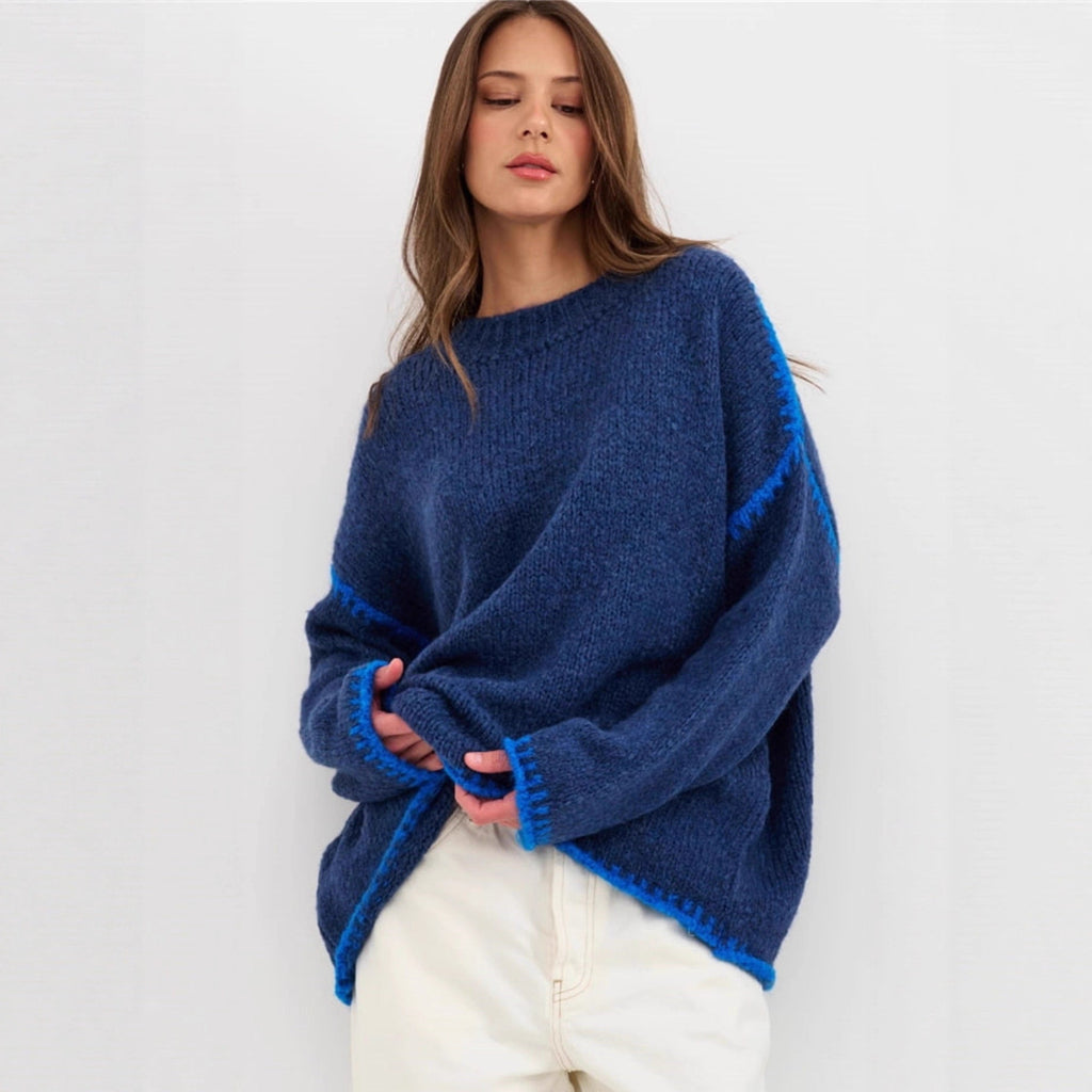 Damen kuscheliger Strickpullover mit kontrastierenden Akzentdetails