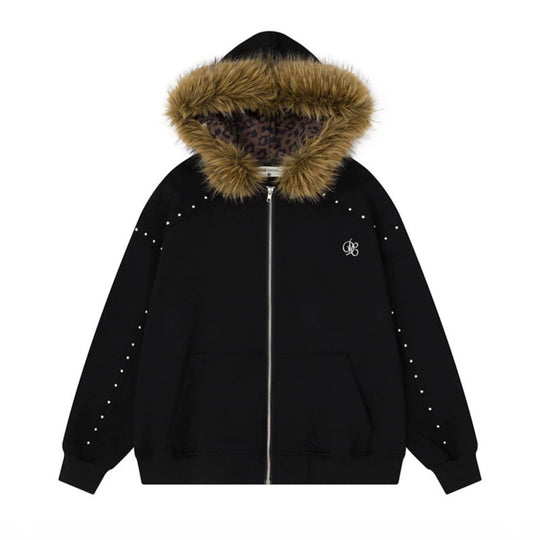 Damen Kapuzen-Sweatjacke mit Kunstfellbesatz, Leo-Innenfutter und Zier-Nieten Shop Nory