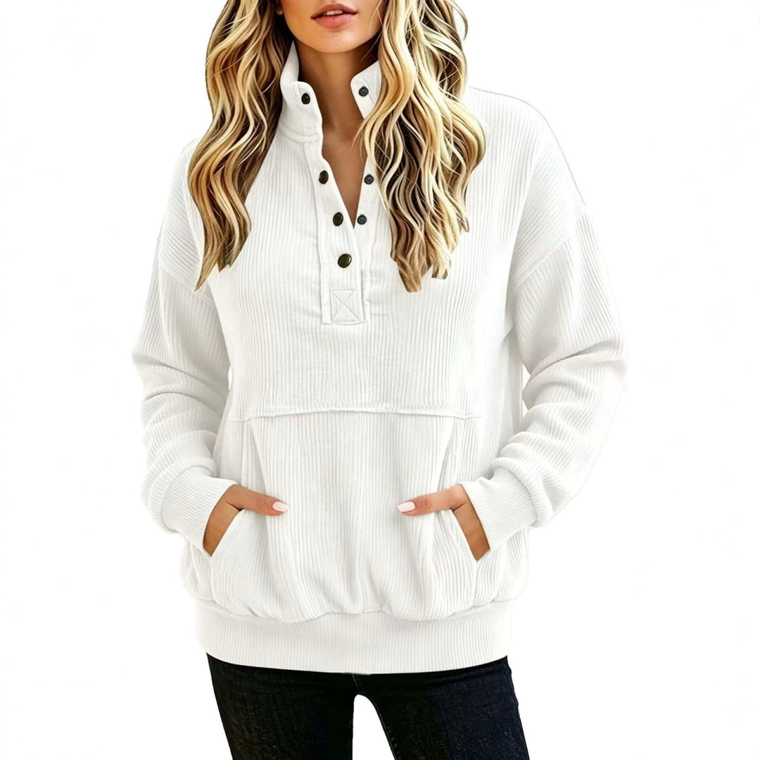 Damen gerippter Henley-Pullover mit Stehkragen und Kängurutasche Shop Nory