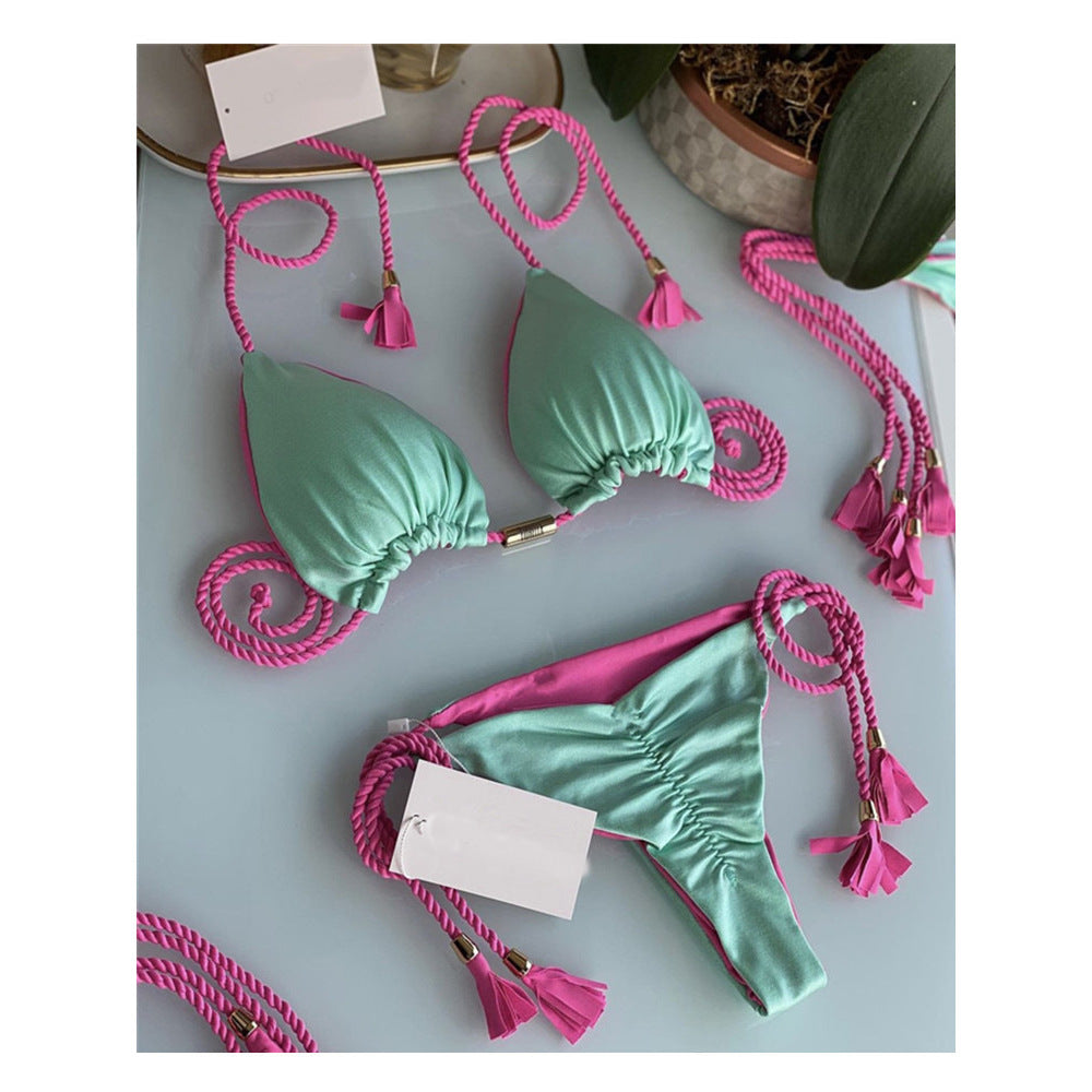 Damen Triangel-Bikini mit modischem Leopardenmuster und dekorativen Quasten