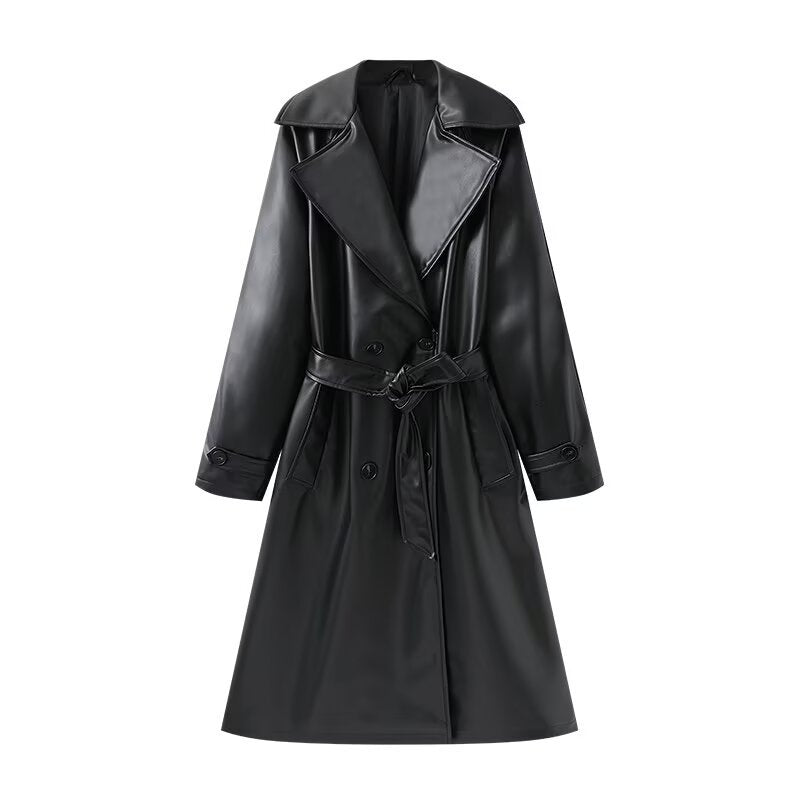 Damen Lange glänzende Trenchcoat-Übergangsjacke aus Lederoptik mit Taillengürtel Shop Nory