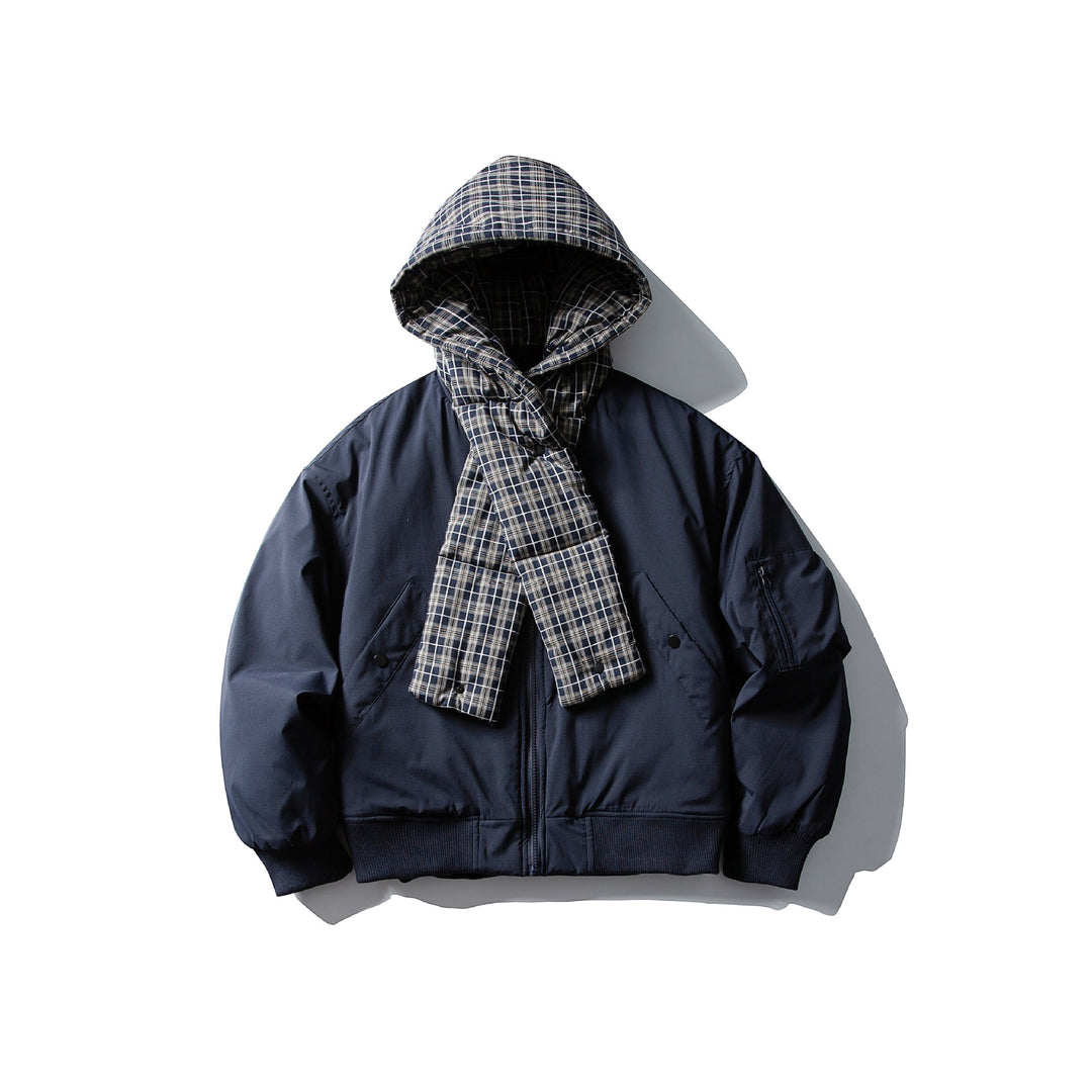 Herren Winddichter Bomberjacke mit gesteppter karierter Kapuze und integriertem Schal Shop Nory