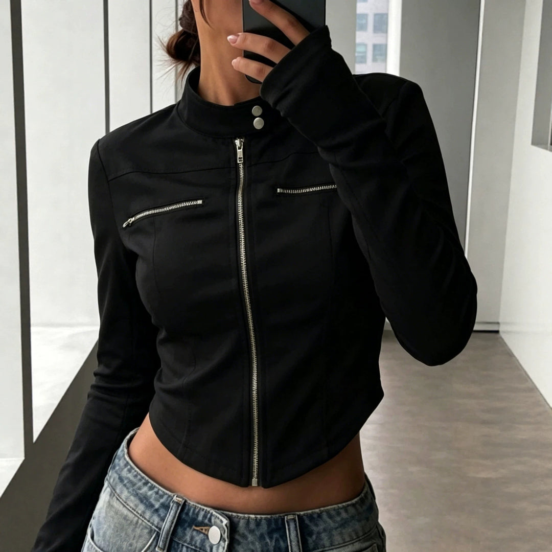 Damen Taillierte Bonded-Canvas-Bikerjacke mit Stehkragen und Brust-Reißverschlüssen Shop Nory