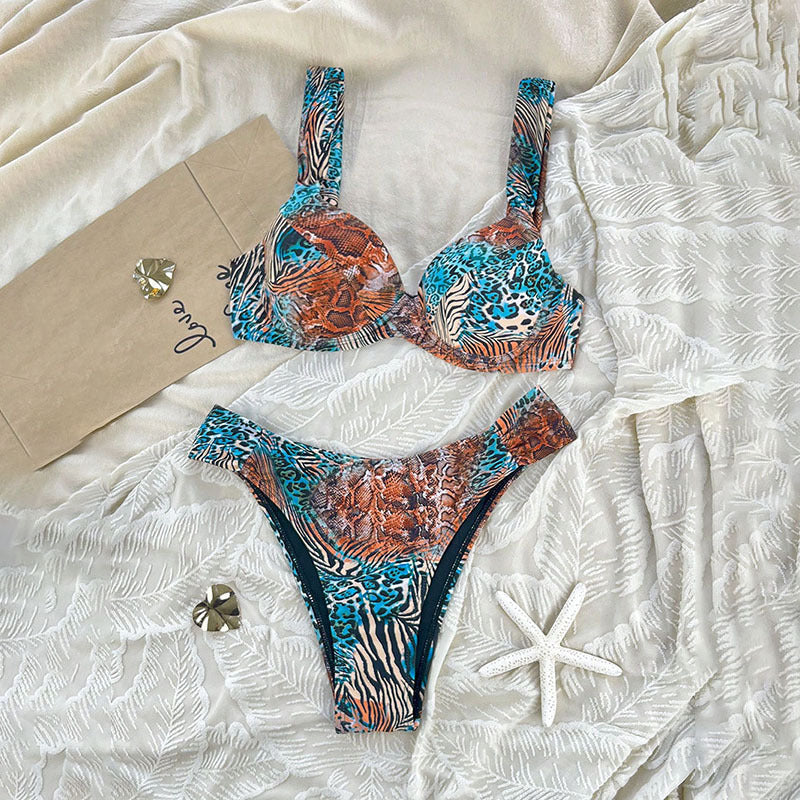 Damen Push-Up Bikini-Set mit femininem Tiermuster