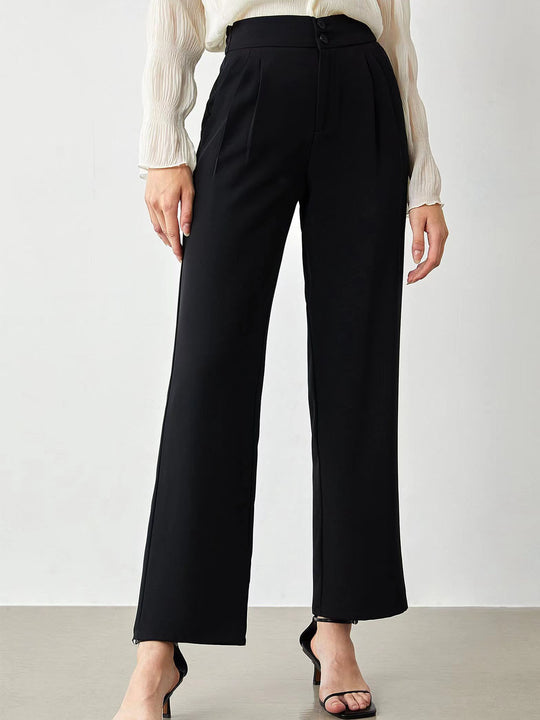 Damen Hochtaillierte weite Stoffhose mit Bundfalten und Doppelknopf Shop Nory