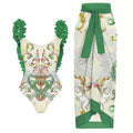 Damen Badeanzug-Set mit floraler Rüschendekoration und elegantem Maxirock