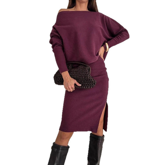 Damen Zweisitiges geripptes Strick-Set mit Off-Shoulder-Oversize-Pullover und tailliertem Midirock mit Seitenschlitz Shop Nory