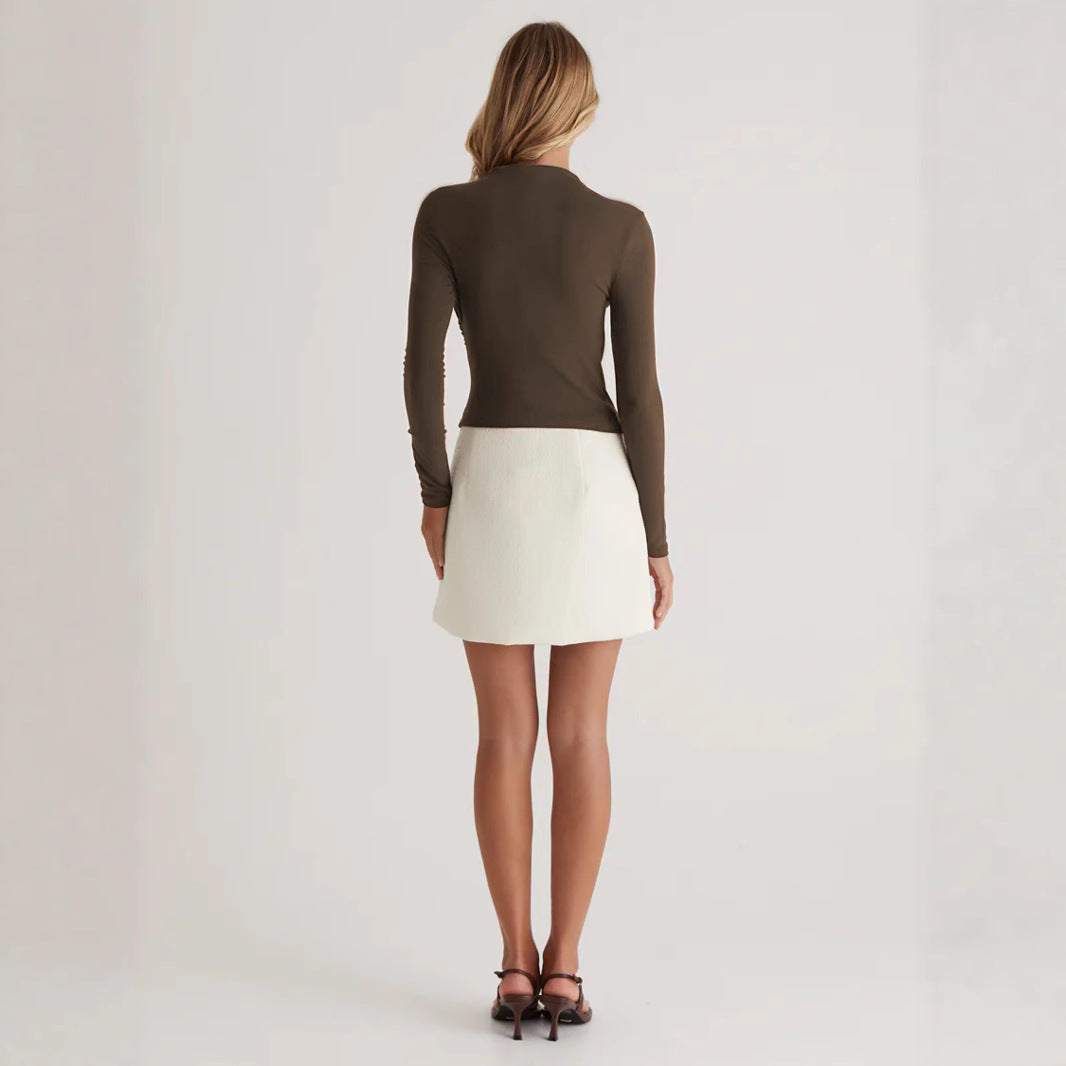 Damen Langarmshirt mit elegantem Wickeldesign und hochgeschlossenem Kragen