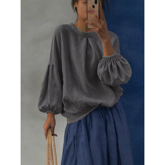 Damen Oversize Waffelstrickpullover mit Ballonärmeln und Kellerfalte Shop Nory