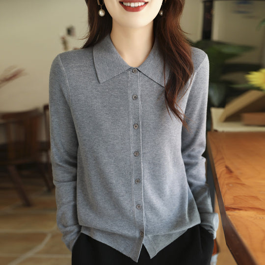 Damen Leichter Feinstrick-Cardigan mit Polokragen und durchgehender Knopfleiste Shop Nory