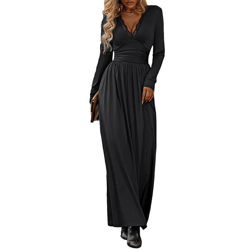Damen Maxikleid mit V-Ausschnitt und Spitzenbesatz, tailliertem Wickeloberteil, langen Ärmeln und hohem Beinschlitz Shop Nory