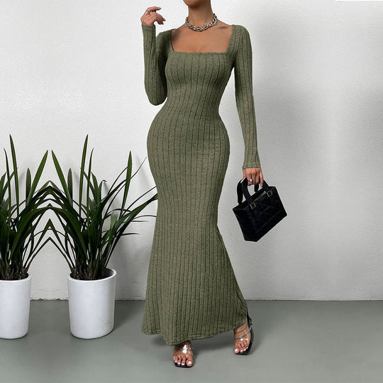 Damen geripptes Sculpting-Maxikleid mit Quadratausschnitt und taillierter Meerjungfrauen‑Silhouette Shop Nory