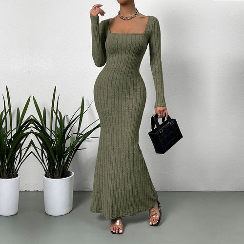 Damen geripptes Sculpting-Maxikleid mit Quadratausschnitt und taillierter Meerjungfrauen‑Silhouette Shop Nory