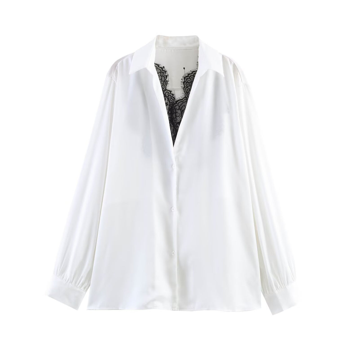 Damen Seidige Oversize-Bluse mit Spitzeneinsatz und Hemdkragen Shop Nory