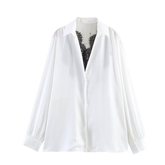 Damen Seidige Oversize-Bluse mit Spitzeneinsatz und Hemdkragen Shop Nory