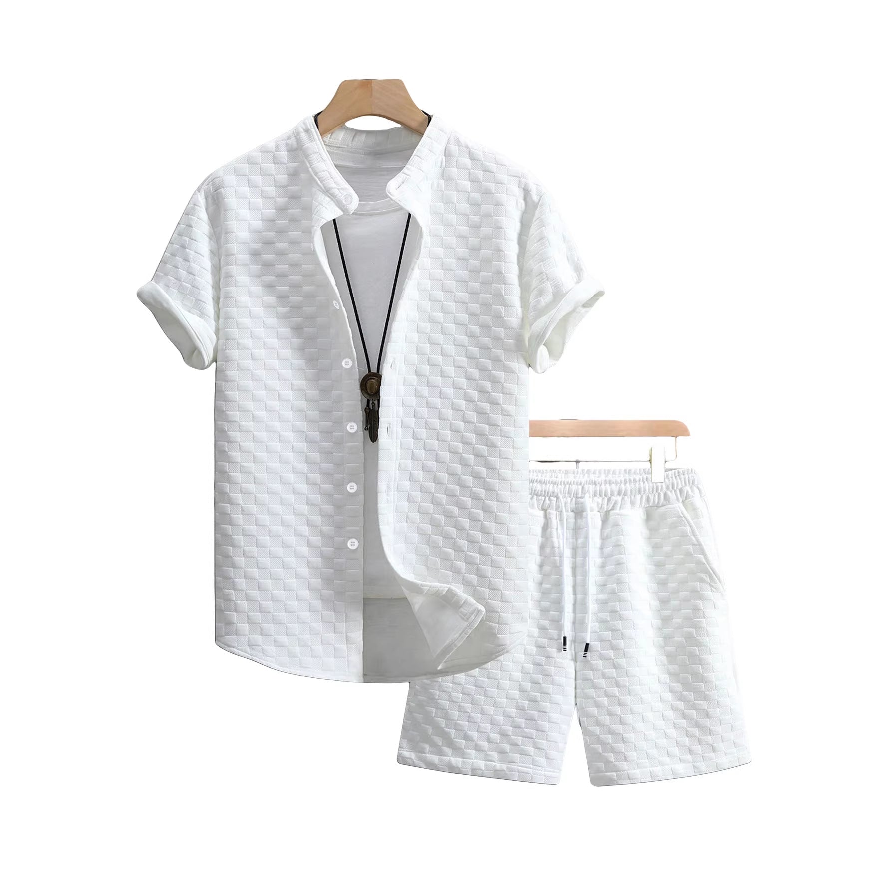 Herren nan zweiteiliges Sommerensemble mit Stehkragen-Hemdjacke und elastischen Komfort-Shorts in geprägter Karo-Textur