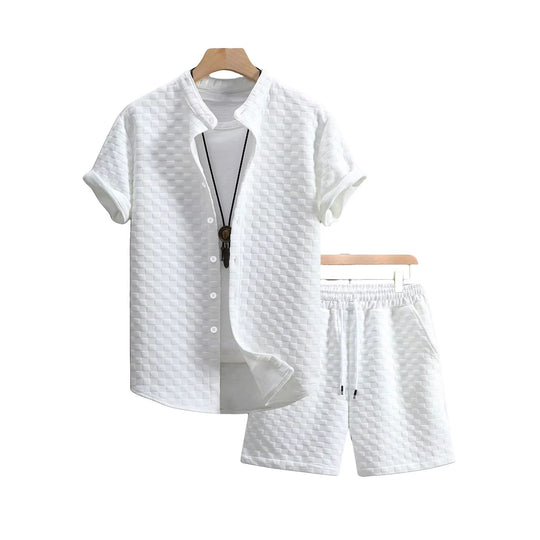 Herren nan zweiteiliges Sommerensemble mit Stehkragen-Hemdjacke und elastischen Komfort-Shorts in geprägter Karo-Textur