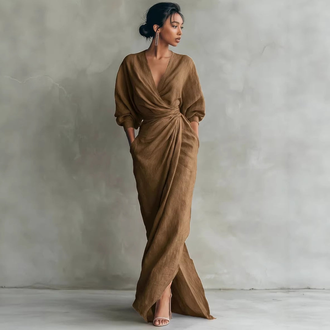 Damen Wickel-Maxikleid aus Leinenmix mit tiefem V-Ausschnitt und Ballonärmeln Shop Nory