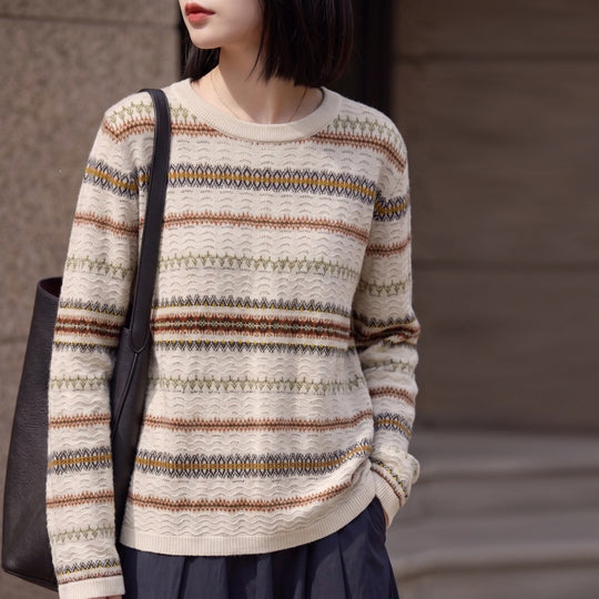 Damen Leichter Fair‑Isle Feinstrickpullover mit Rundhalsausschnitt und feiner Streifenstruktur Shop Nory