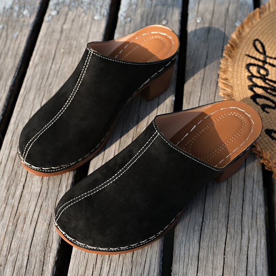 Damen bequeme Clogs aus hochwertigem Wildleder mit elegantem Blockabsatz