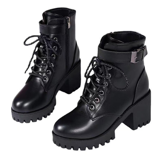 Damen nan Plateau-Schnürstiefelette aus Kunstleder mit profilierter Gummisohle und verstellbarem Schnallenriemen Shopnory