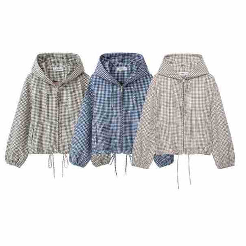 Damen Kariertes Cropped Kapuzenjacke mit Tunnelzug und Reißverschluss Shop Nory