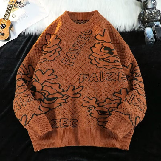 Unisex Oversized Jacquard-Strickpullover mit Allover-Motiv und Rippbündchen Shop Nory