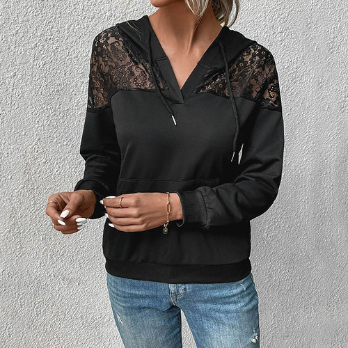 Damen Hoodie mit V-Ausschnitt, Spitzen-Schulterbesatz und Kängurutasche Shop Nory