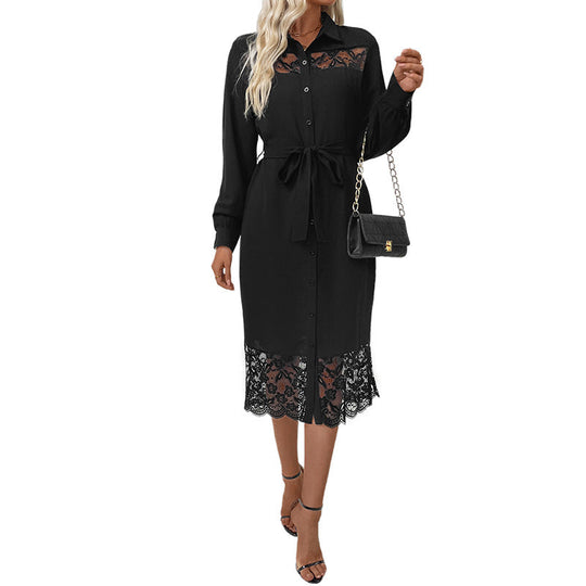 Damen Hemdblusenkleid mit Taillengürtel und Spitzeneinsätzen Shop Nory