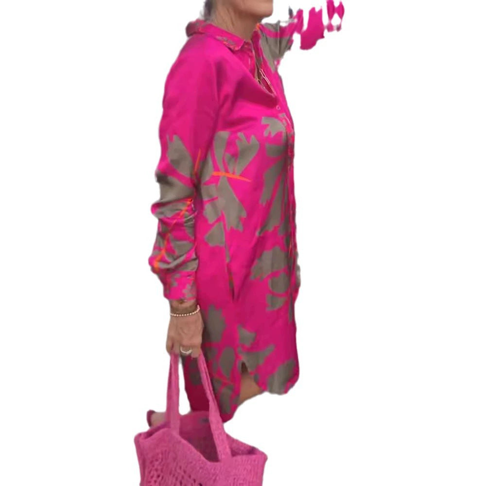 Damen nan kurzes Tunika-Hemdkleid in Satinoptik mit großflächigem Blattprint, Hemdkragen und lockerer A-Linie Shopnory