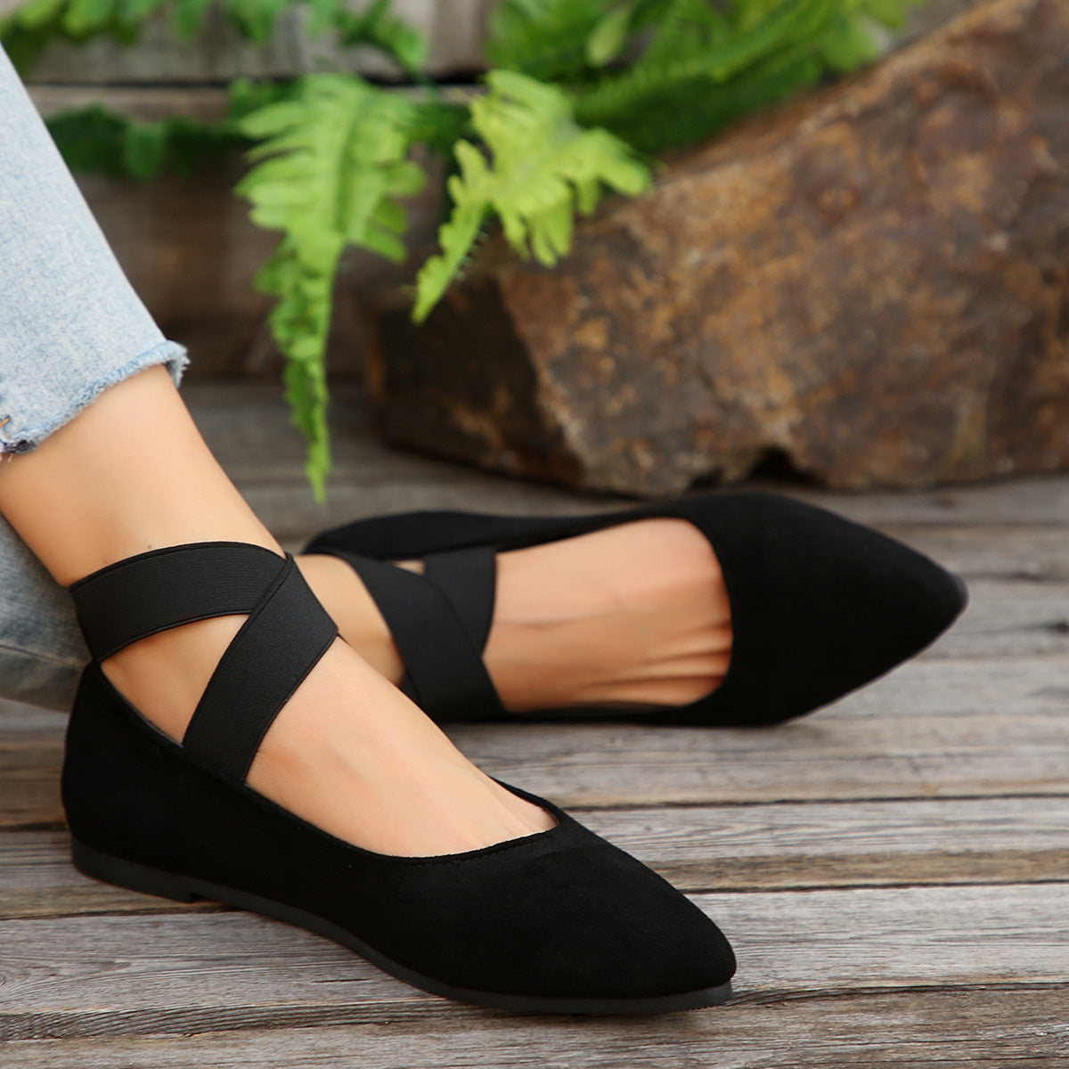 Damen Ballerina-Schuhe mit elastischen Kreuzbändern und rutschfester Sohle