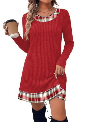 Damen Gerippte Longshirt‑Kleid mit Karierter Saum‑ und Ausschnittblende Shop Nory