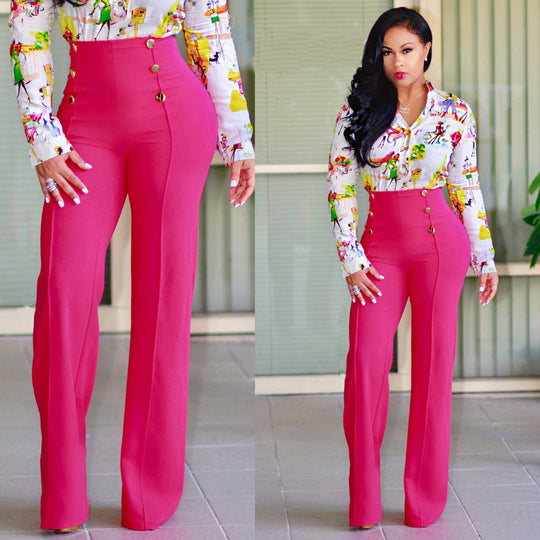 Damen hochtaillierte Palazzo-Hose mit dekorativen Knopfdetails