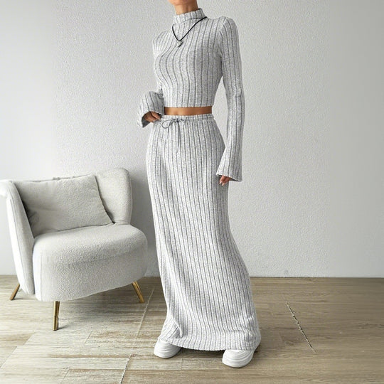 Damen gerippter Lounge-Zweiteiler mit Stehkragen-Crop und hochgeschnittenem Maxirock Shop Nory