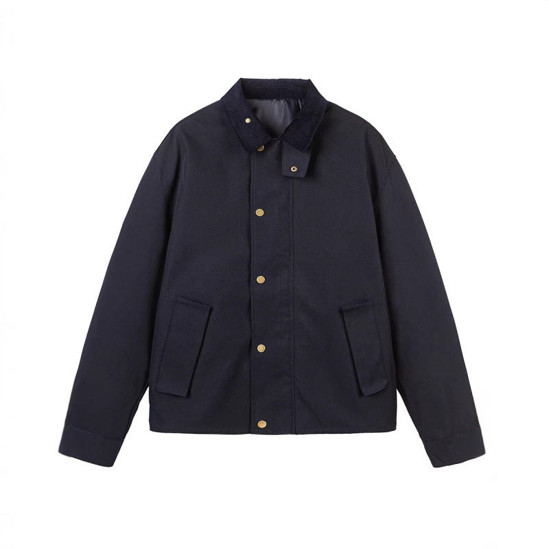 Herren Kurze Boxy-Workerjacke aus robustem Canvas mit Cordkragen und verdeckter Druckknopfleiste Shop Nory