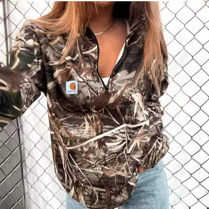 Damen Camouflage Halblang-Reißverschluss Fleece-Sweatshirt mit Kapuze und Kängurutasche Shop Nory