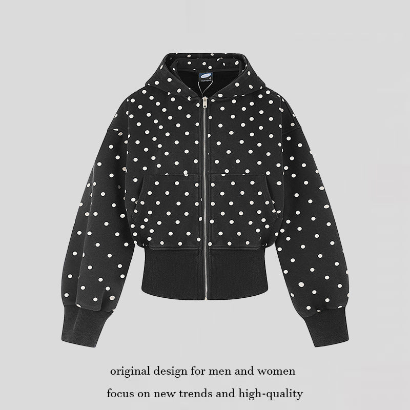 Damen Kurze Kapuzen-Sweatjacke mit durchgehendem Reißverschluss, gepunktetem Allover und breitem Rippbund Shop Nory