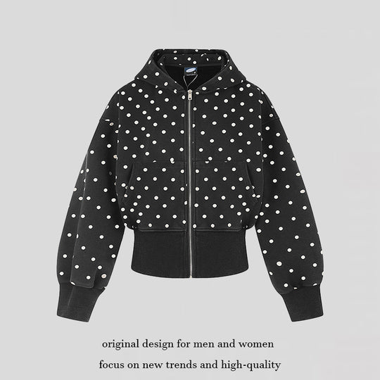 Damen Kurze Kapuzen-Sweatjacke mit durchgehendem Reißverschluss, gepunktetem Allover und breitem Rippbund Shop Nory