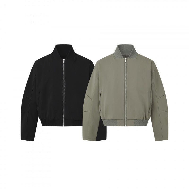 Unisex Kurz geschnittene minimalistische Bomberjacke mit geripptem Stehkragen und verdeckter Reißverschlussblende Shop Nory